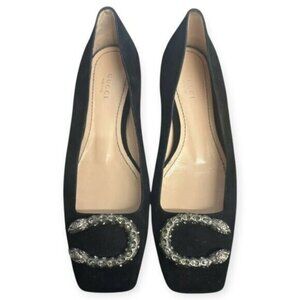 Gucci Dionysus Black Suede Embellished Square Toe Flats